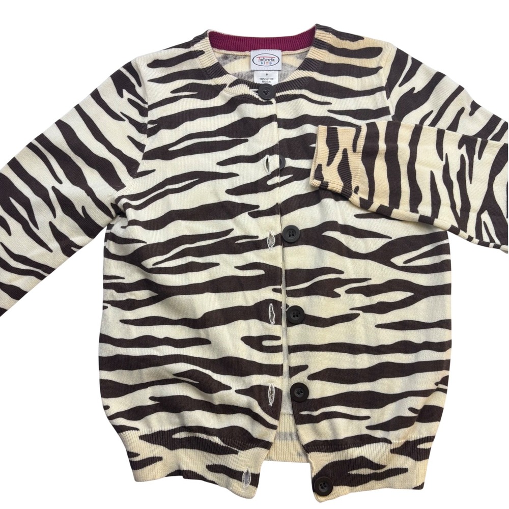 Talbots Kids Zebra Print Cotton Cardigan Sweater Girls Size 8 Cream Brown‎ NEW